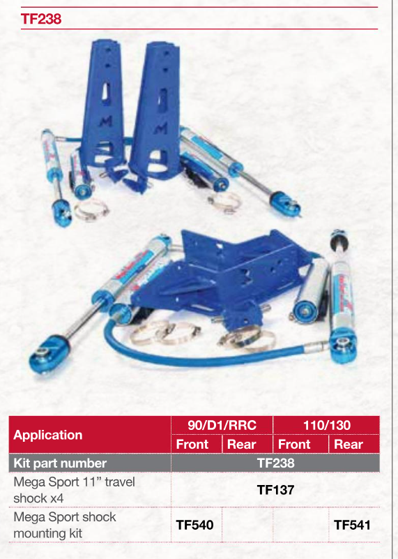TF238 TERRAFIRMA MEGA SPORT 11in TRAVEL SHOCKS & MOUNTING KIT 90/110/130/D1/RRC