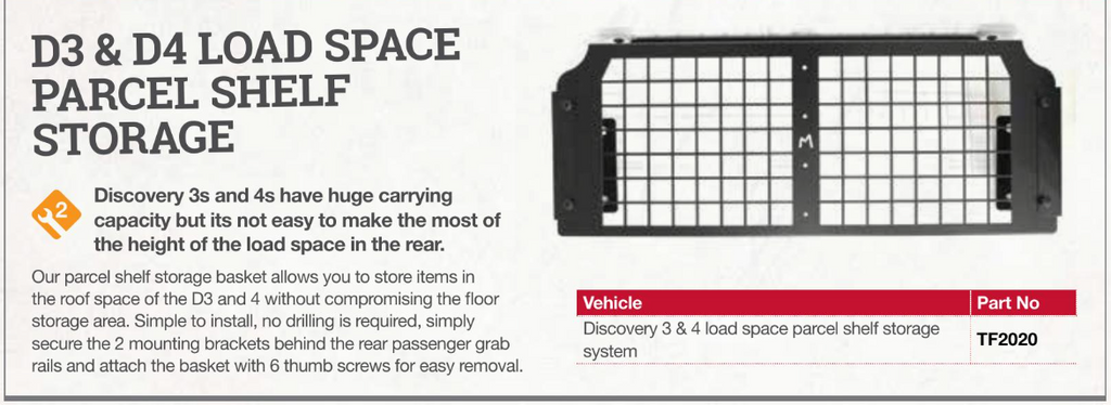 TF2020 TERRAFIRMA  REAR LOAD SPACE PARCEL SHELF STORAGE SYSTEM - DISCO3 & DISCO4