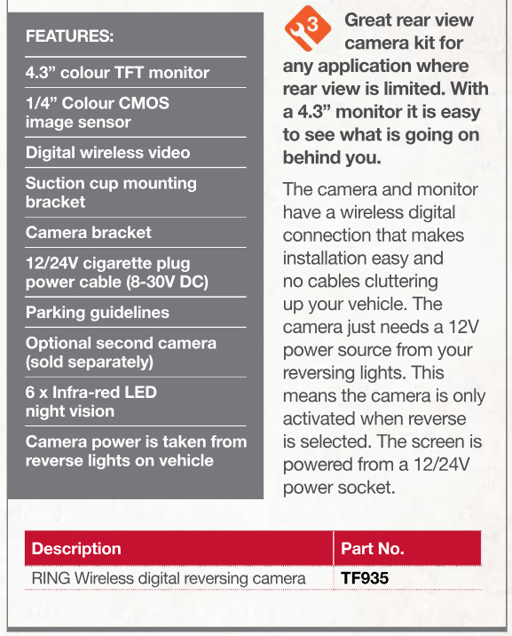 TF935 TERRAFIRMA - RING WIRELESS DIGITAL REVERSING VIEW CAMERA
